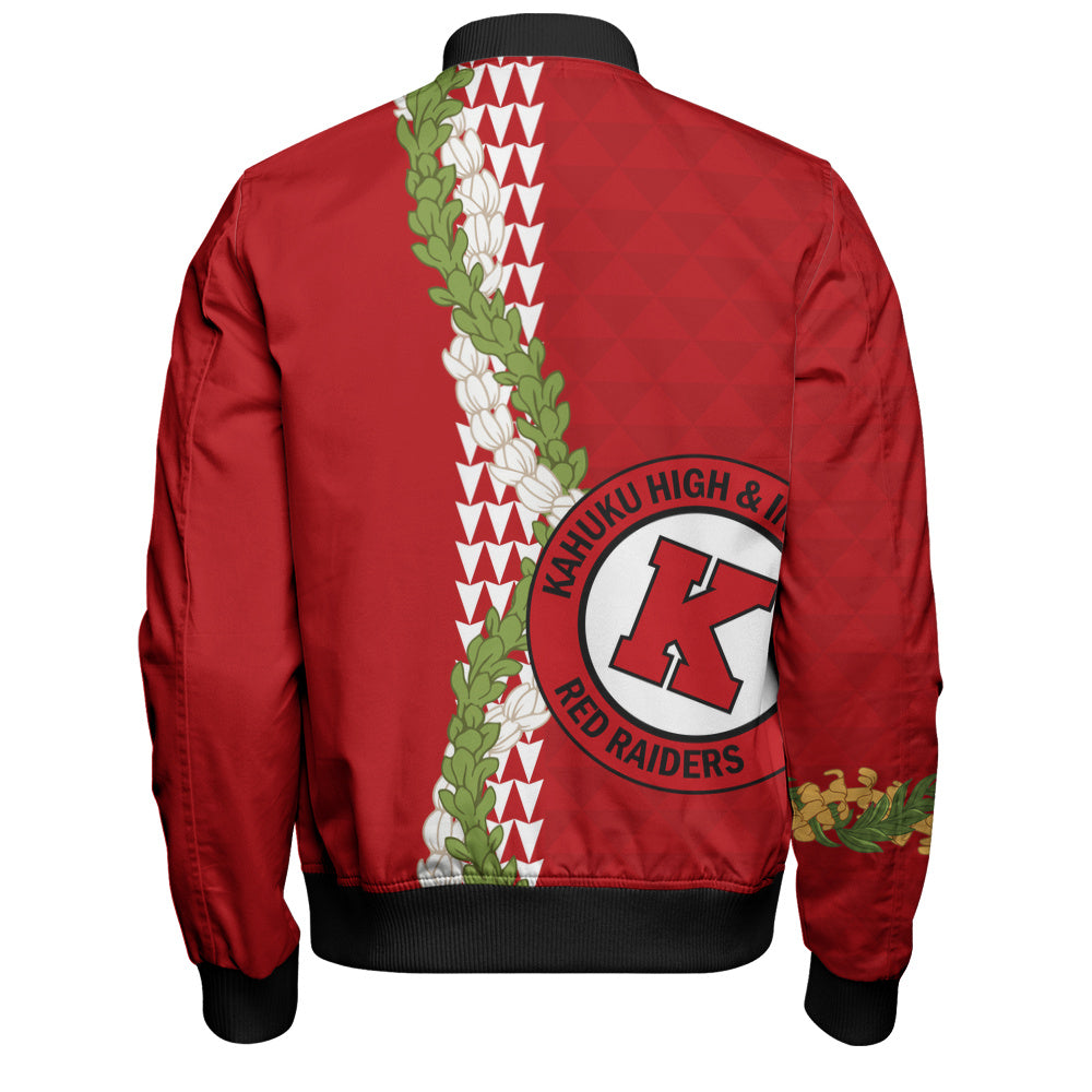Kahuku High & Intermediate School Bomber Jacket Puakenikeni Maile Flower Lei
