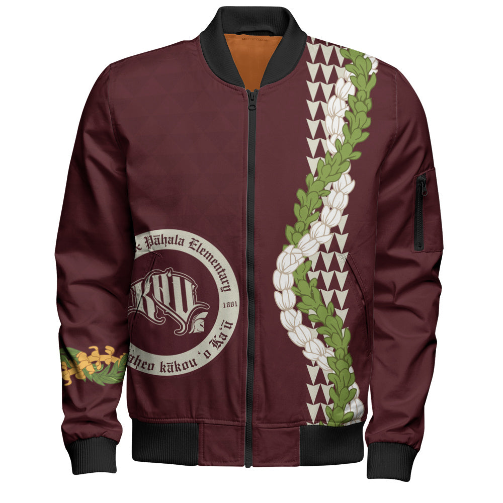 Kaʻū High & Pāhala Elementary School Bomber Jacket Puakenikeni Maile Flower Lei