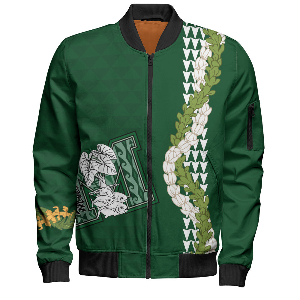 Molokaʻi High School Bomber Jacket Puakenikeni Maile Flower Lei