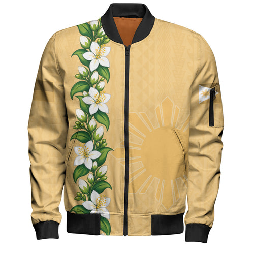 Philippines Filipinos Bomber Jacket Sampaguita Flower Tribal Polynesian Sun Island Style