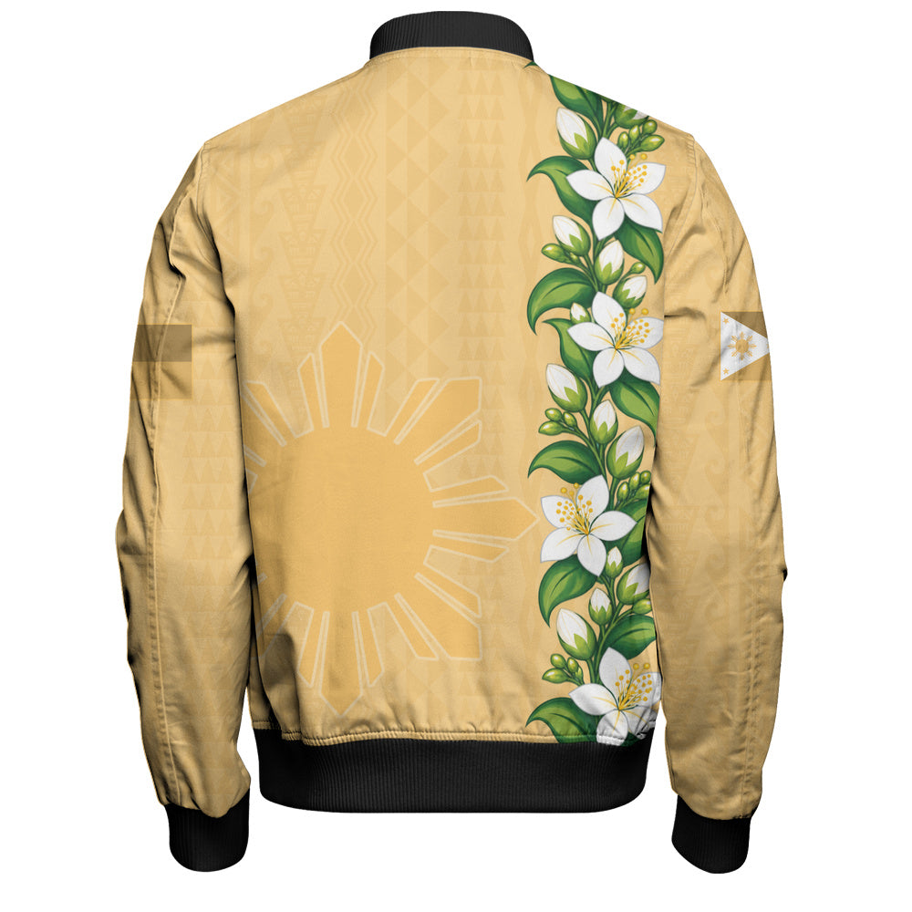 Philippines Filipinos Bomber Jacket Sampaguita Flower Tribal Polynesian Sun Island Style