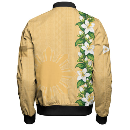 Philippines Filipinos Bomber Jacket Sampaguita Flower Tribal Polynesian Sun Island Style