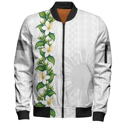 Philippines Filipinos Bomber Jacket Sampaguita Flower Tribal Polynesian Sun Island Style