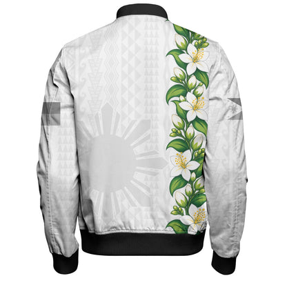 Philippines Filipinos Bomber Jacket Sampaguita Flower Tribal Polynesian Sun Island Style