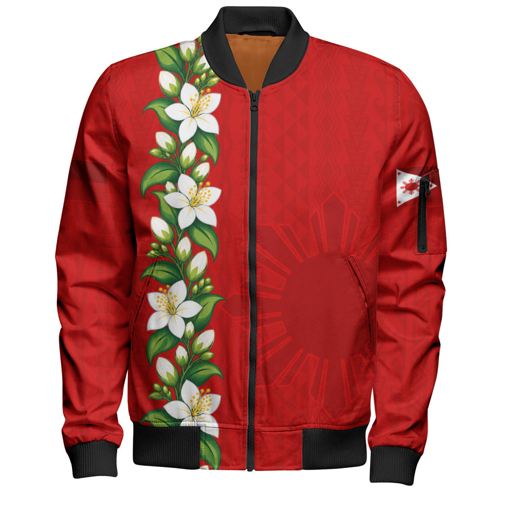 Philippines Filipinos Bomber Jacket Sampaguita Flower Tribal Polynesian Sun Island Style