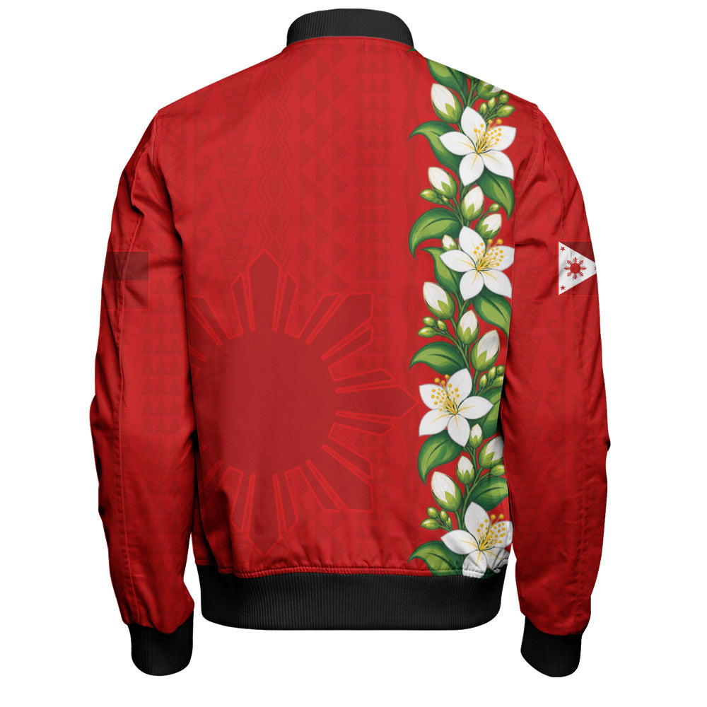 Philippines Filipinos Bomber Jacket Sampaguita Flower Tribal Polynesian Sun Island Style