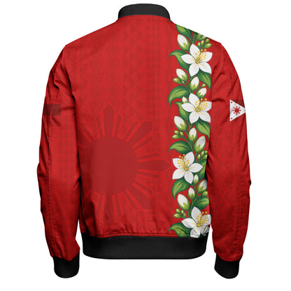 Philippines Filipinos Bomber Jacket Sampaguita Flower Tribal Polynesian Sun Island Style
