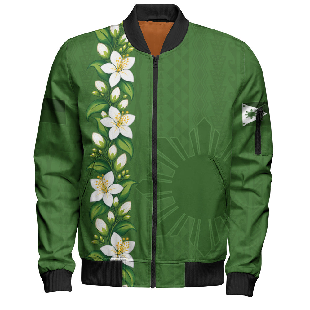 Philippines Filipinos Bomber Jacket Sampaguita Flower Tribal Polynesian Sun Island Style