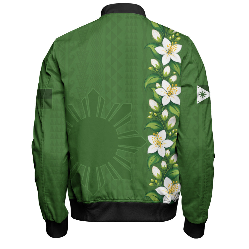 Philippines Filipinos Bomber Jacket Sampaguita Flower Tribal Polynesian Sun Island Style