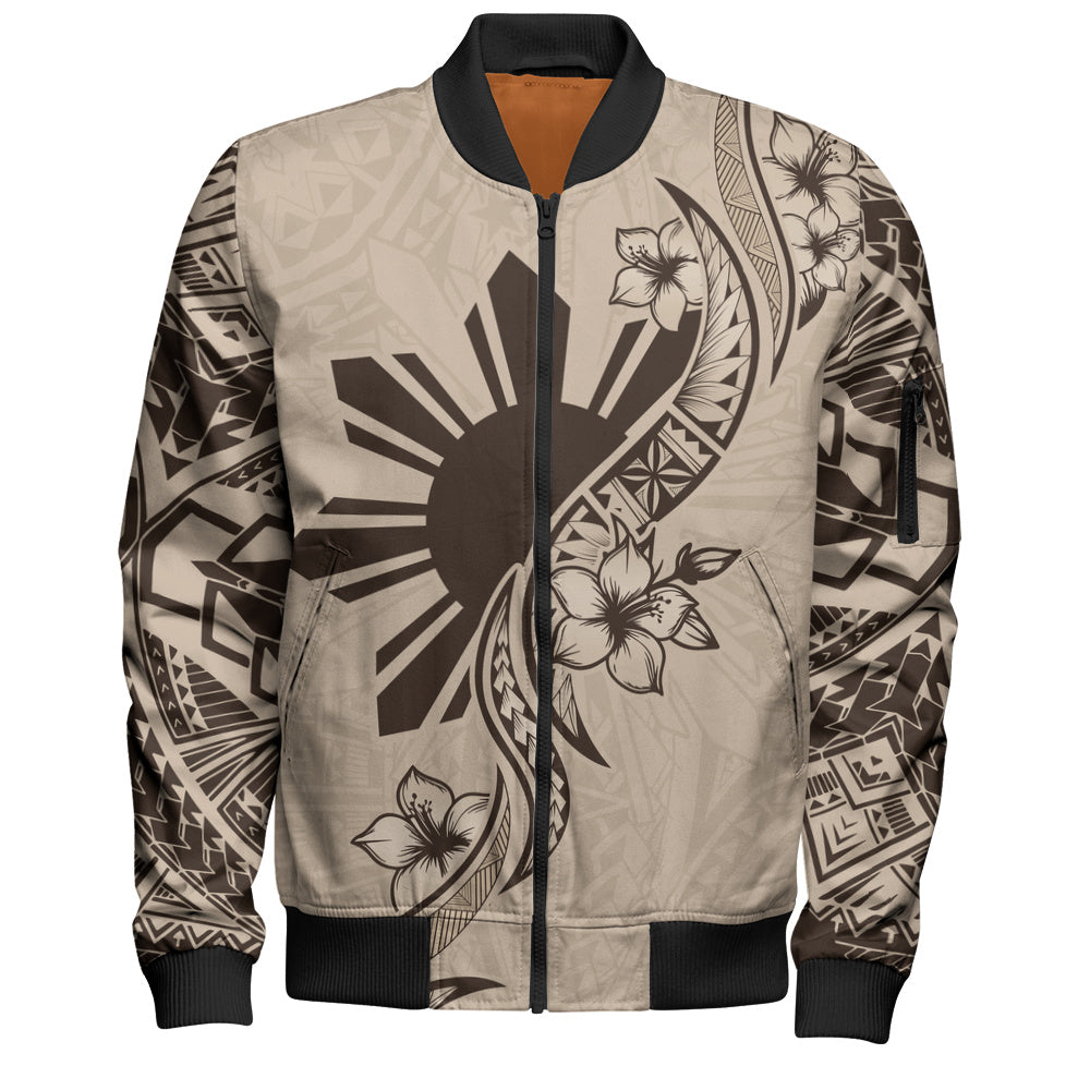 Philippines Filipinos Bomber Jacket Sun and Sampaguita Flower Tribal Pattern