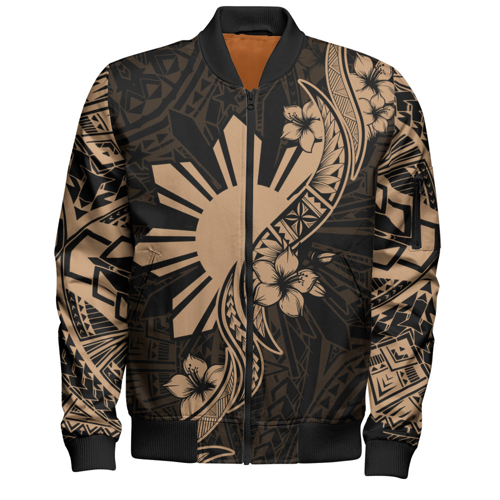 Philippines Filipinos Bomber Jacket Sun and Sampaguita Flower Tribal Pattern