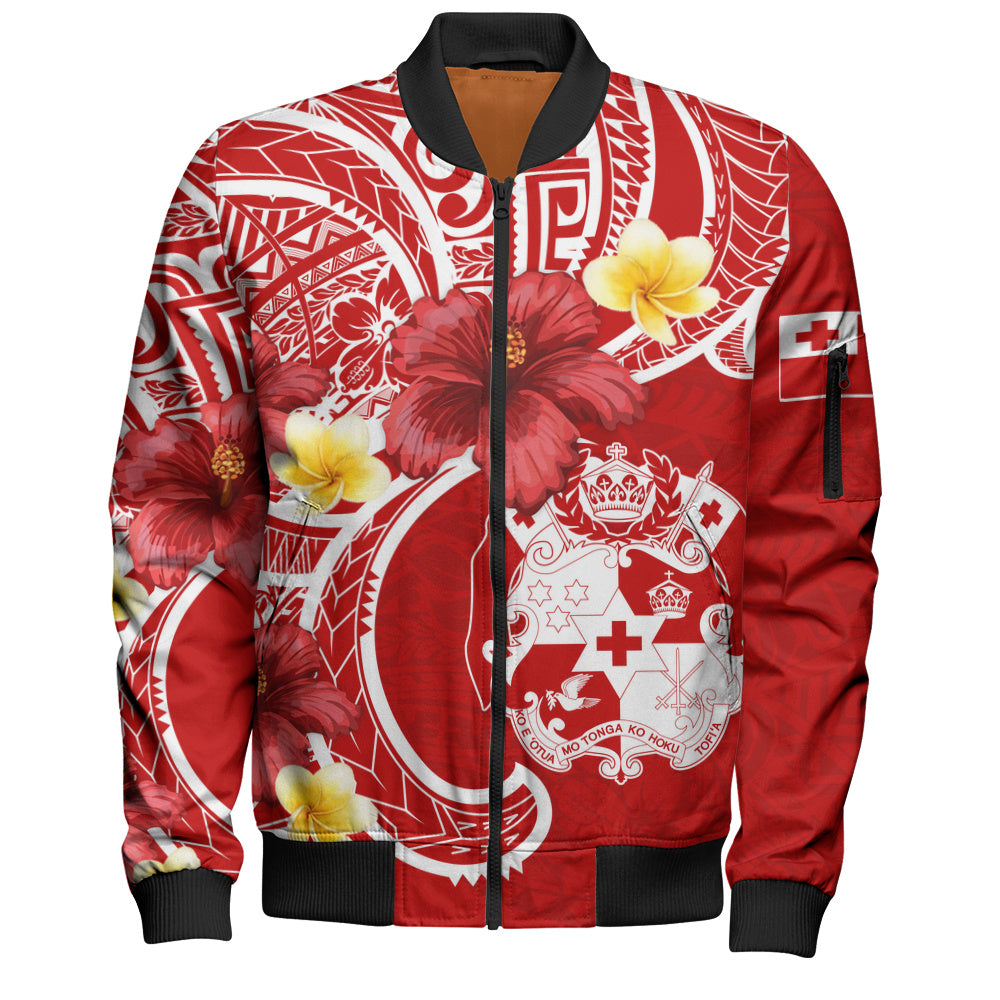 Tonga Bomber Jacket Royal Kingdom Crest Hibiscus Polynesian Tribal Heritage