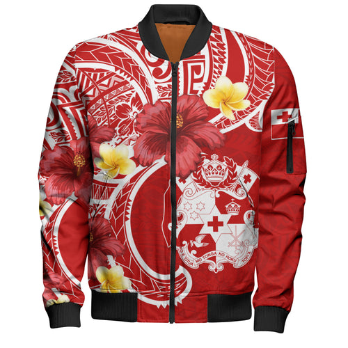 Tonga Bomber Jacket Royal Kingdom Crest Hibiscus Polynesian Tribal Heritage
