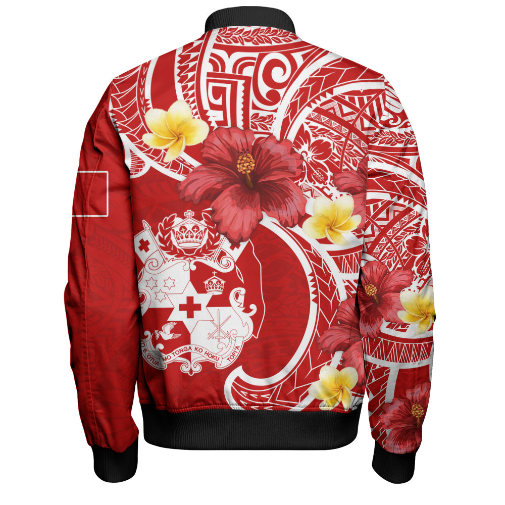 Tonga Bomber Jacket Royal Kingdom Crest Hibiscus Polynesian Tribal Heritage