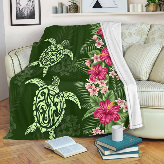 Hawaii Premium Blanket Polynesian Sea Turtle Hibiscus Tropical Style