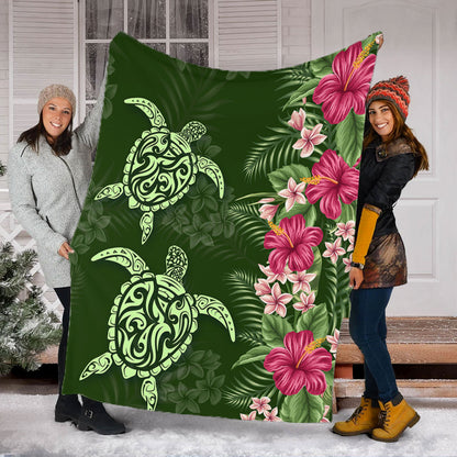 Hawaii Premium Blanket Polynesian Sea Turtle Hibiscus Tropical Style