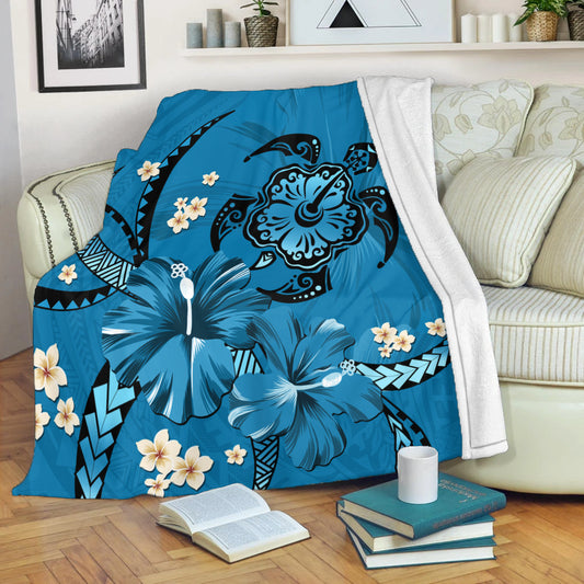 Hawaii Premium Blanket Blue Honu Hibiscus Island Harmony