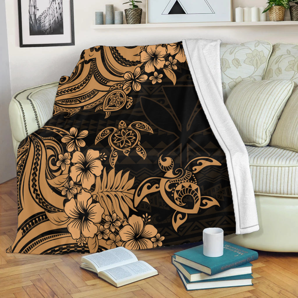 Hawaii Premium Blanket Kanaka Maoli Hibiscus Polynesian Tribal Turtle Print Style