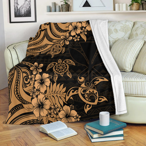 Hawaii Premium Blanket Kanaka Maoli Hibiscus Polynesian Tribal Turtle Print Style