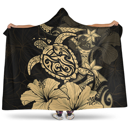 Hawaii Hooded Blanket Golden Honu Hibiscus Serenity Style