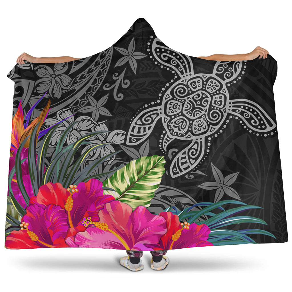 Hawaii Hooded Blanket Tropical Honu Hibiscus Garden Style