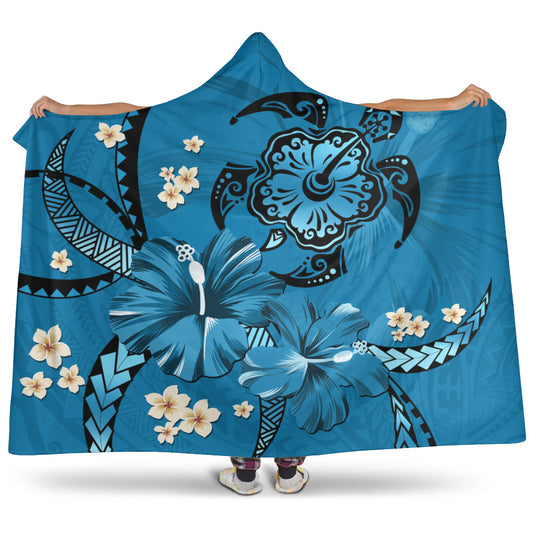 Hawaii Hooded Blanket Blue Honu Hibiscus Island Harmony