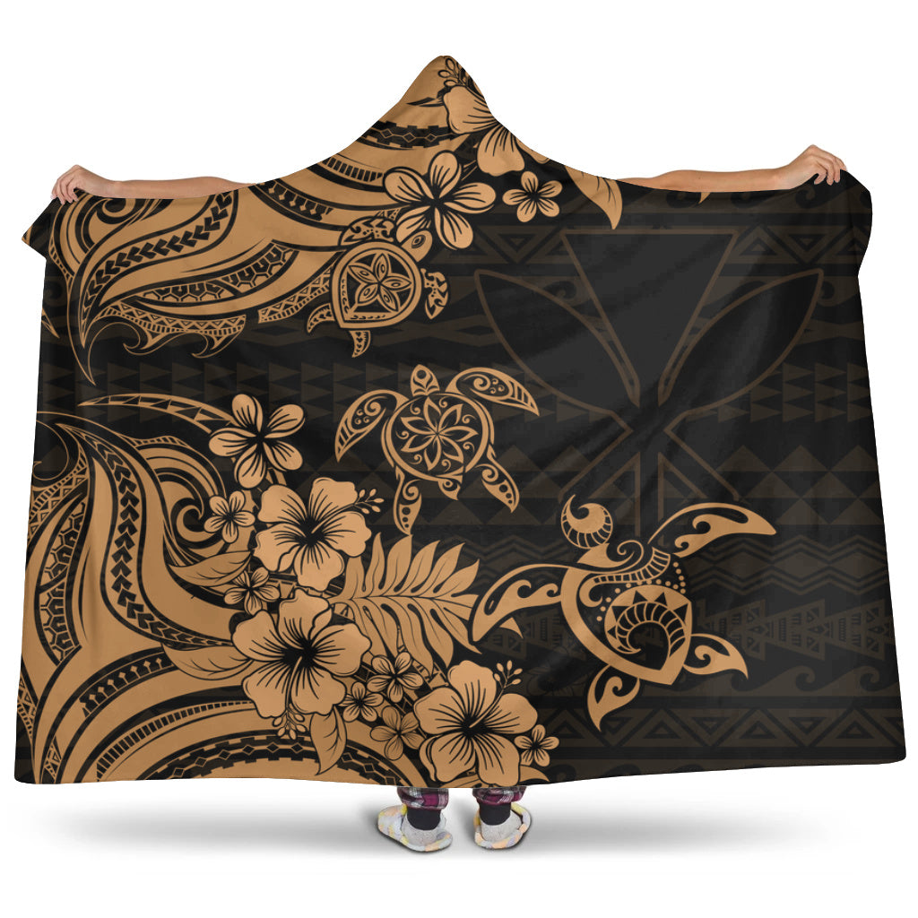 Hawaii Hooded Blanket Kanaka Maoli Hibiscus Polynesian Tribal Turtle Print Style