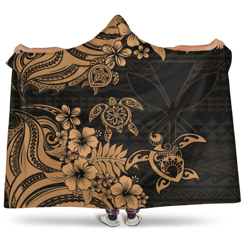 Hawaii Hooded Blanket Kanaka Maoli Hibiscus Polynesian Tribal Turtle Print Style