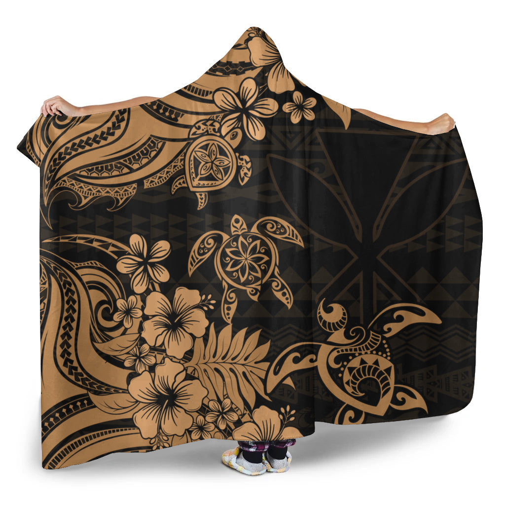 Hawaii Hooded Blanket Kanaka Maoli Hibiscus Polynesian Tribal Turtle Print Style
