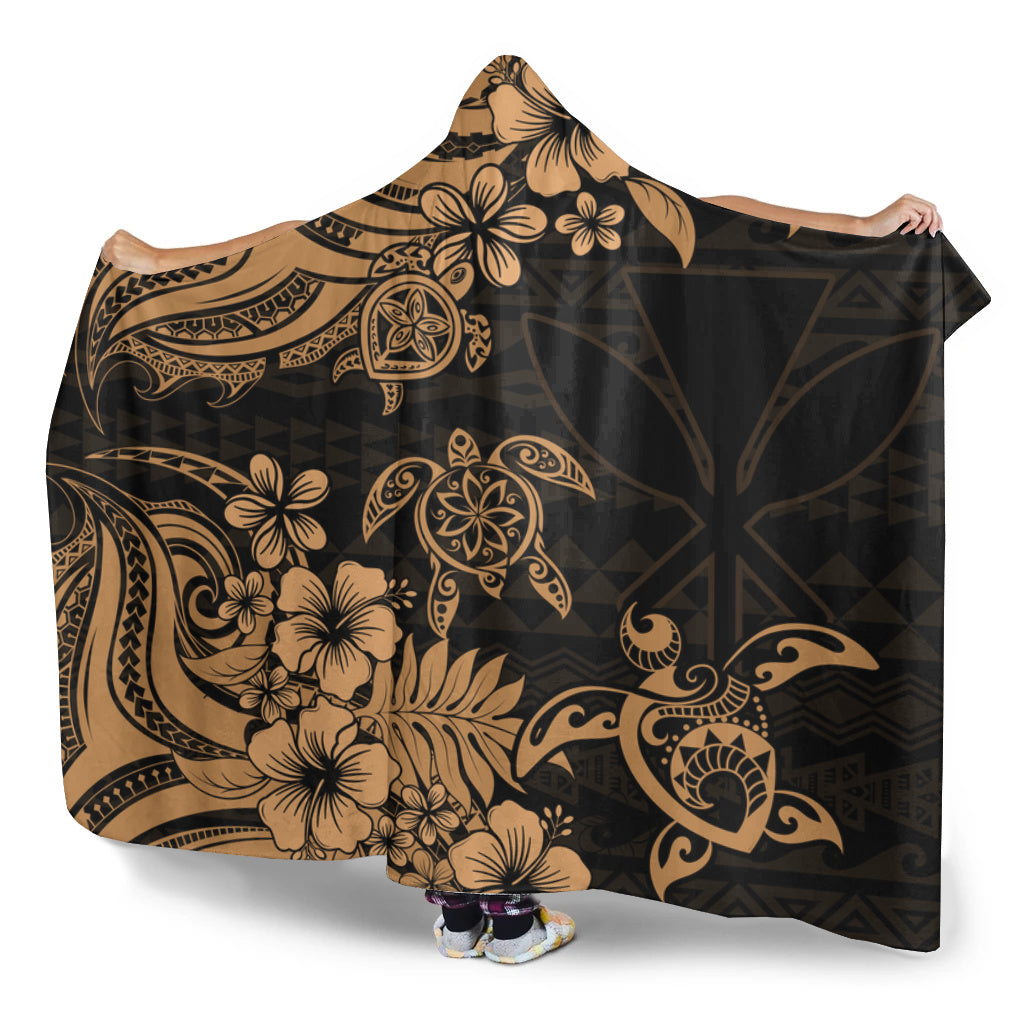 Hawaii Hooded Blanket Kanaka Maoli Hibiscus Polynesian Tribal Turtle Print Style