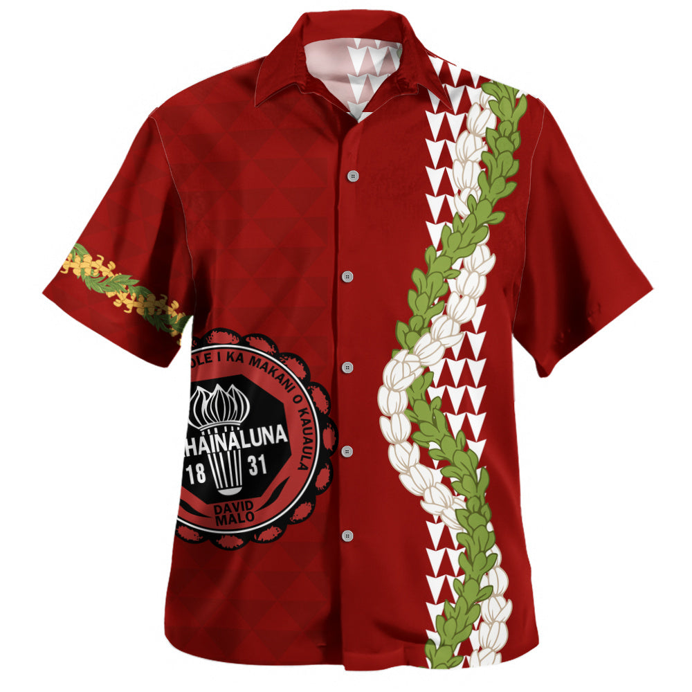 Lahainaluna High School Hawaiian Shirt Puakenikeni Maile Flower Lei