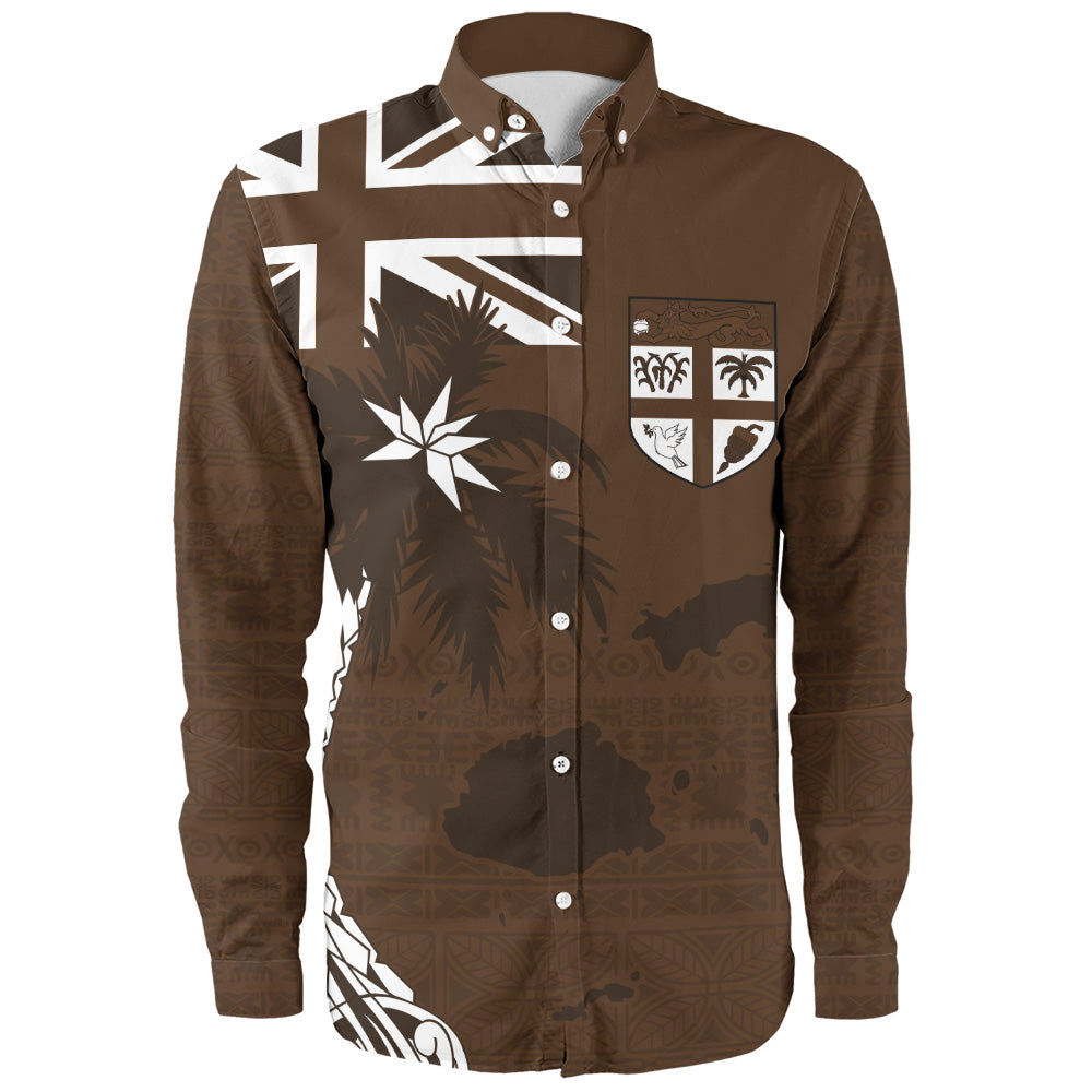 Fiji Long Sleeve Shirt Coat Of Arms Flag Islands Brown Tapa Style