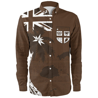 Fiji Long Sleeve Shirt Coat Of Arms Flag Islands Brown Tapa Style