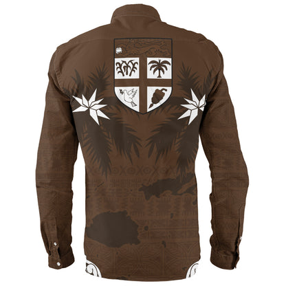 Fiji Long Sleeve Shirt Coat Of Arms Flag Islands Brown Tapa Style