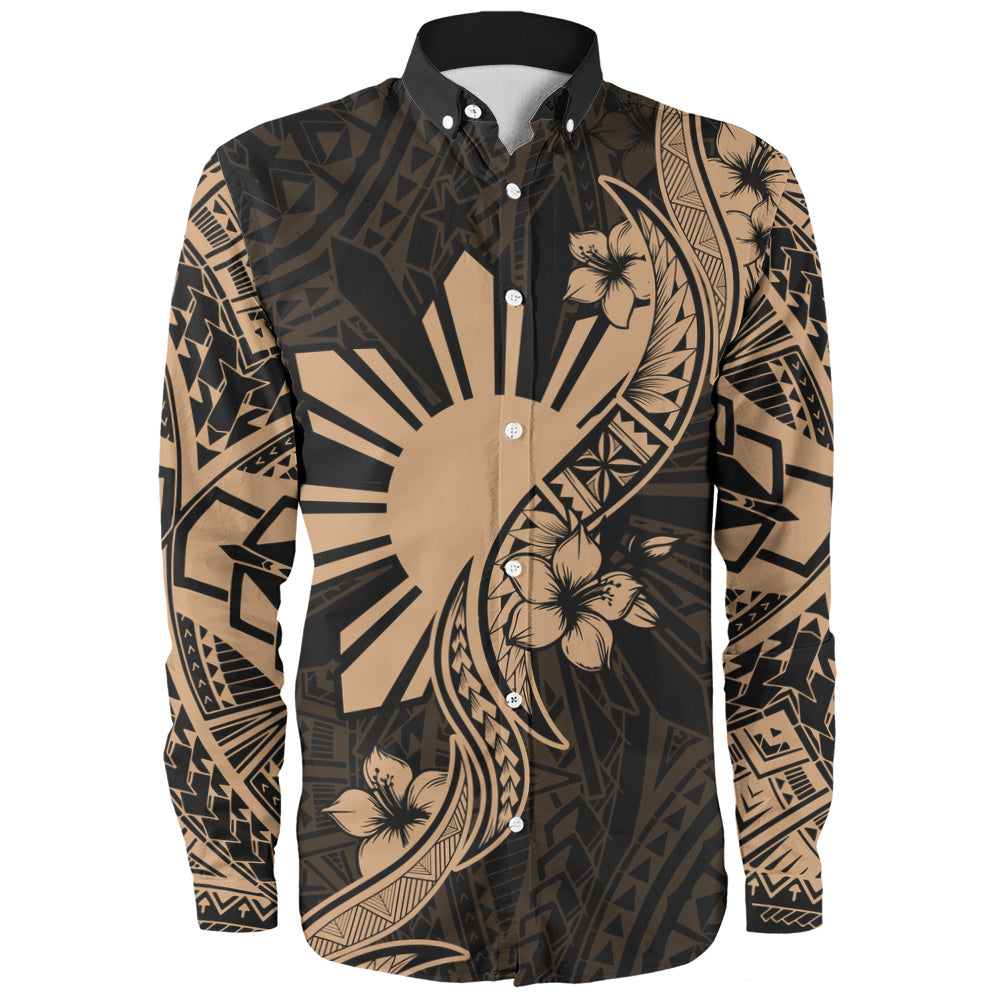 Philippines Filipinos Long Sleeve Shirt Sun and Sampaguita Flower Tribal Pattern