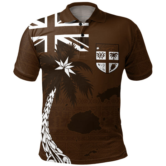 Fiji Polo Shirt Coat Of Arms Flag Islands Brown Tapa Style
