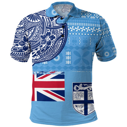 Fiji Polo Shirt Ocean Blue Tribal Shield Pride