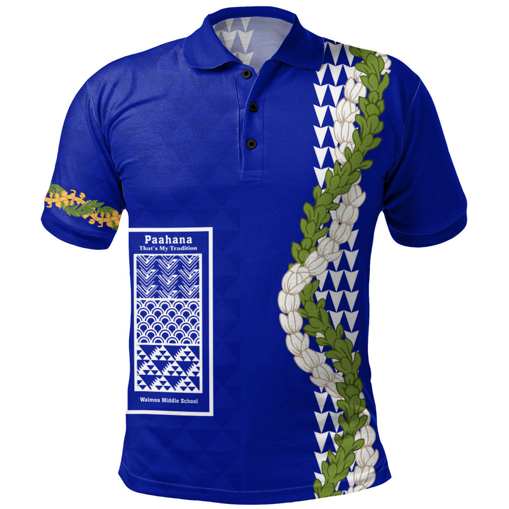 Waimea Middle Public Conversion Charter School Polo Shirt Puakenikeni Maile Flower Lei