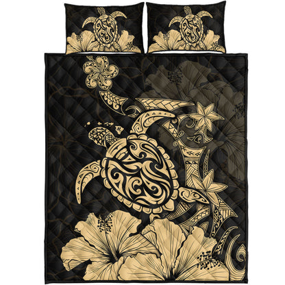 Hawaii Quilt Bed Set Golden Honu Hibiscus Serenity Style