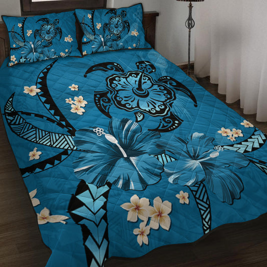 Hawaii Quilt Bed Set Blue Honu Hibiscus Island Harmony