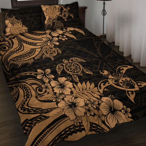 Hawaii Quilt Bed Set Kanaka Maoli Hibiscus Polynesian Tribal Turtle Print Style