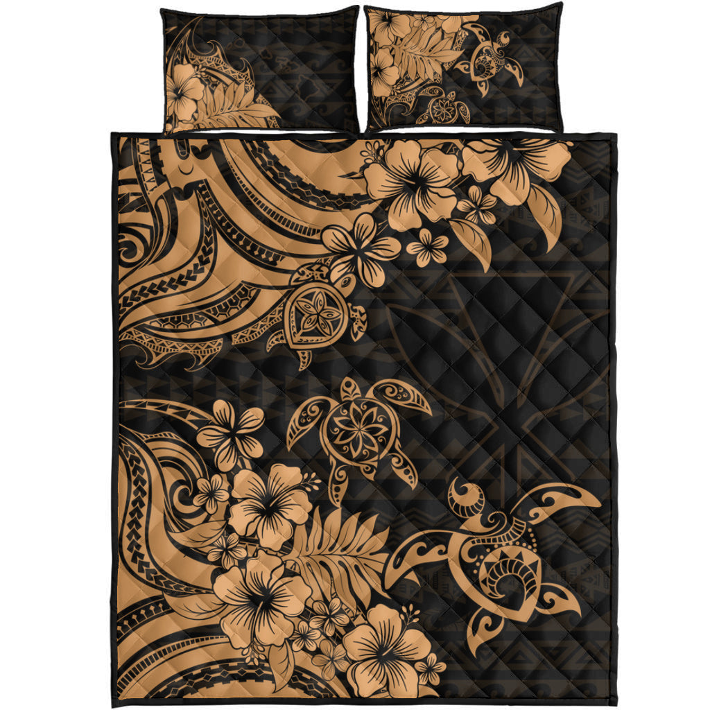 Hawaii Quilt Bed Set Kanaka Maoli Hibiscus Polynesian Tribal Turtle Print Style