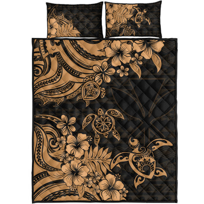 Hawaii Quilt Bed Set Kanaka Maoli Hibiscus Polynesian Tribal Turtle Print Style