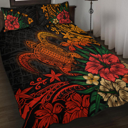 Hawaii Quilt Bed Set Turtle Hibiscus Polynesian Tribal Paradise