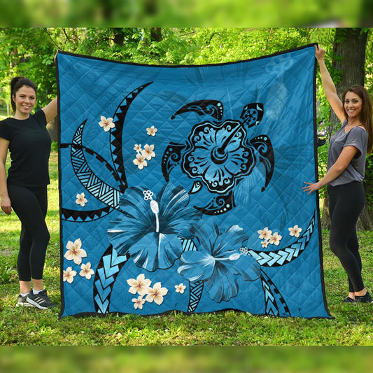 Hawaii Premium Quilt Blue Honu Hibiscus Island Harmony