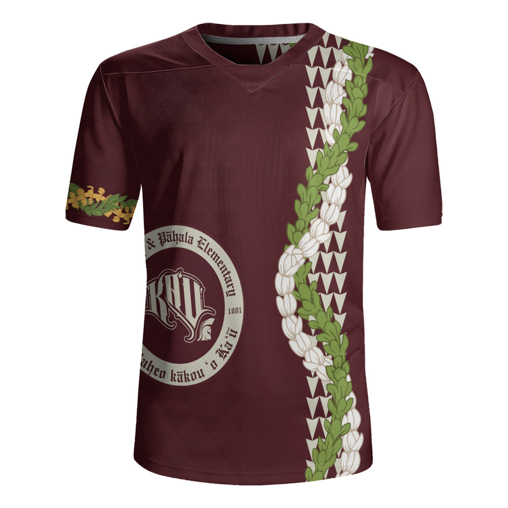 Kaʻū High & Pāhala Elementary School Rugby Jersey Puakenikeni Maile Flower Lei
