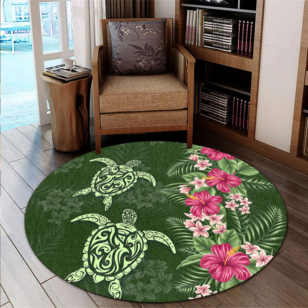 Hawaii Round Rug Polynesian Sea Turtle Hibiscus Tropical Style