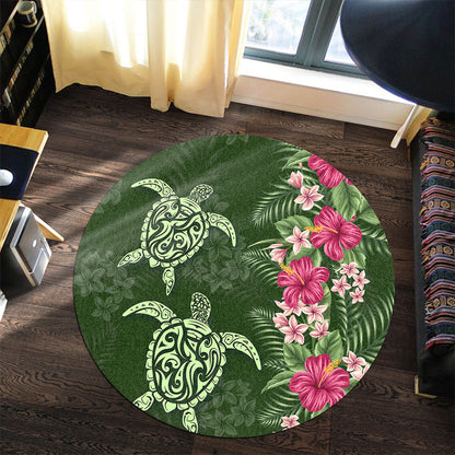 Hawaii Round Rug Polynesian Sea Turtle Hibiscus Tropical Style