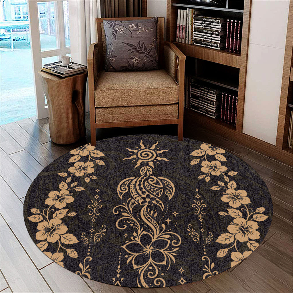 Hawaii Round Rug Vintage Honu Hibiscus Floral Elegance