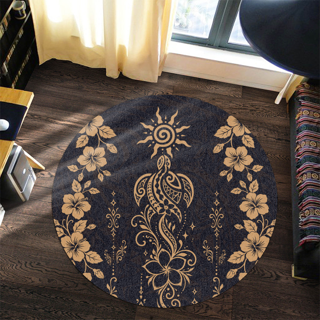 Hawaii Round Rug Vintage Honu Hibiscus Floral Elegance